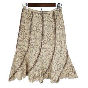 Lafayette 148 Beige Floral Embroidered Beaded Skirt Size 2 A-Line Bohemian Retro